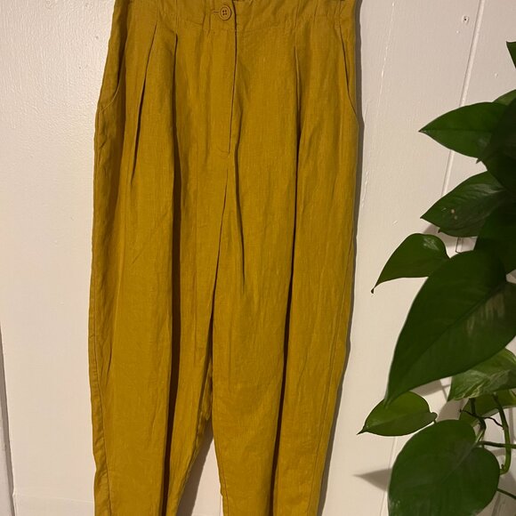 7115 Linen Pleated Trousers Mustard Small - Picture 7 of 9